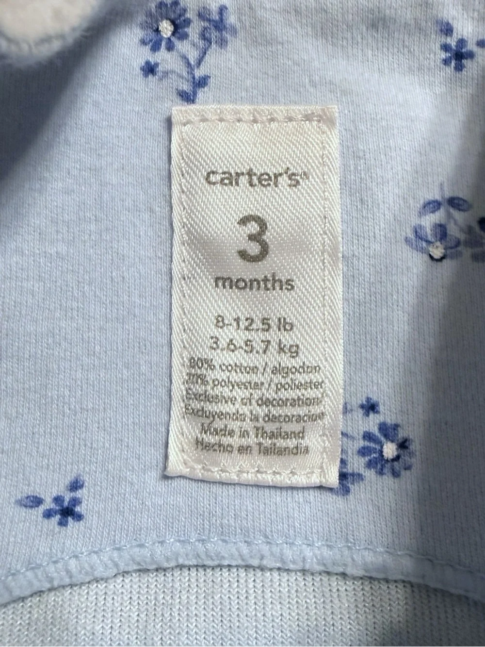 Carter’s Baby Girl 2-Piece Outfit Set Blue Floral Velour Romper & White Top 3M